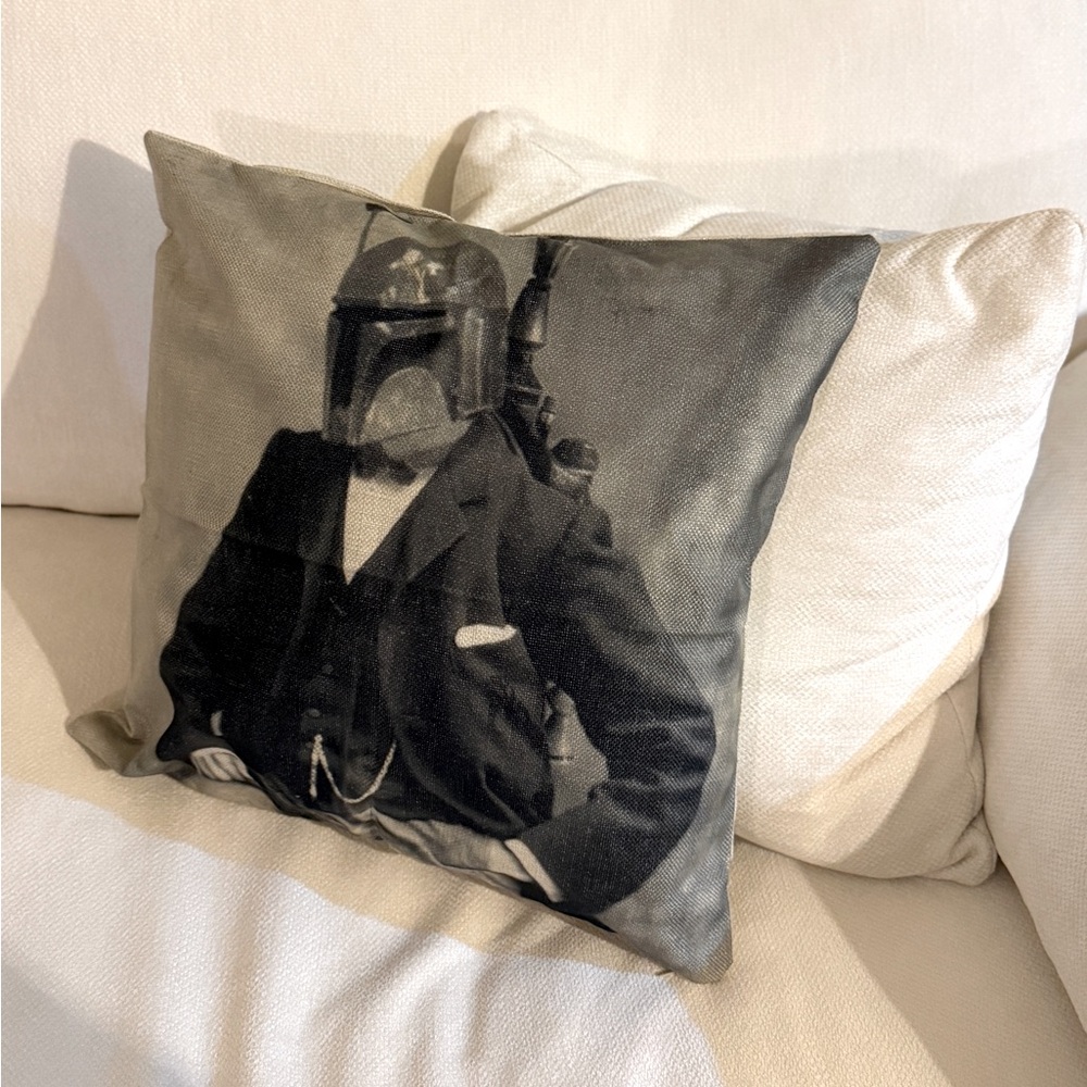 New Star Wars-themed throw pillow cover dapper, gentlemanly rendition Boba Fett